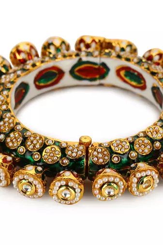 Green enameled gold plated kundan bangle