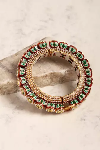 Green enameled gold plated kundan bangle