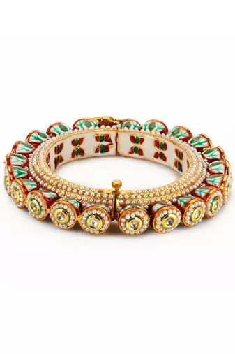 Green enameled gold plated kundan bangle