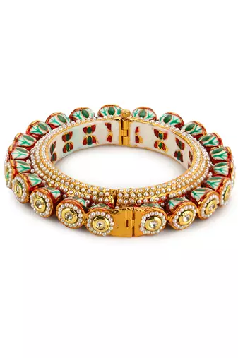 Green enameled gold plated kundan bangle
