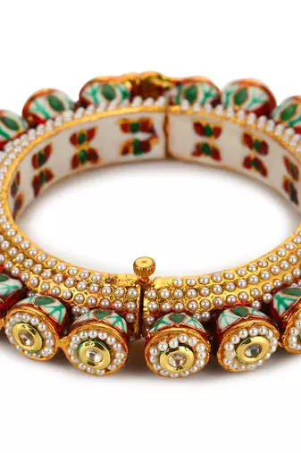 Green enameled gold plated kundan bangle