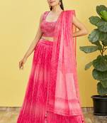 Stunning Pink Mirror Work And Digital Print Organza Party Wear Lehenga Choli