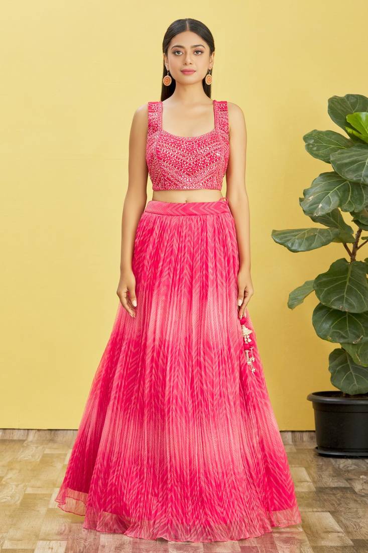 Stunning Pink Mirror Work And Digital Print Organza Party Wear Lehenga Choli
