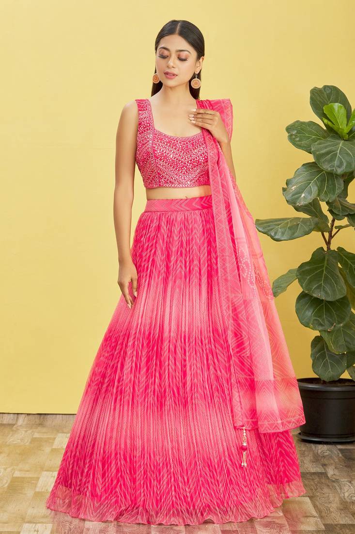 Stunning Pink Mirror Work And Digital Print Organza Party Wear Lehenga Choli