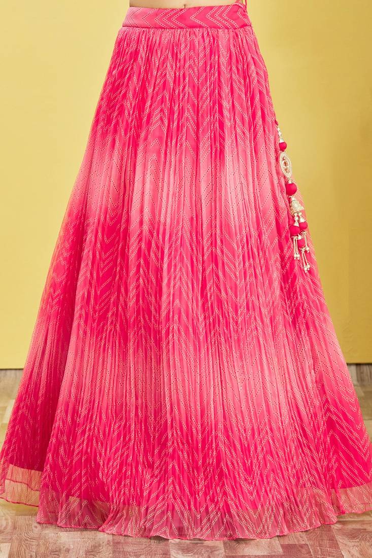 Stunning Pink Mirror Work And Digital Print Organza Party Wear Lehenga Choli