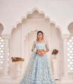 WOMEN'S SKY BLUE BUTTERFLY NET EMBROIDERED THREAD WORK FESTIVALS LEHENGA CHOLI