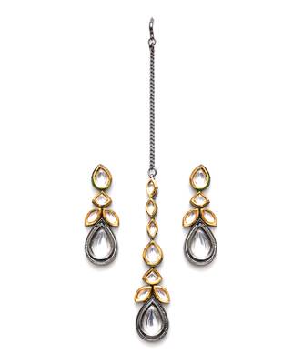 Gold dual tone kundan maang tikka with earrings 2