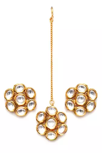 Gold kundan round maang tikka with studs