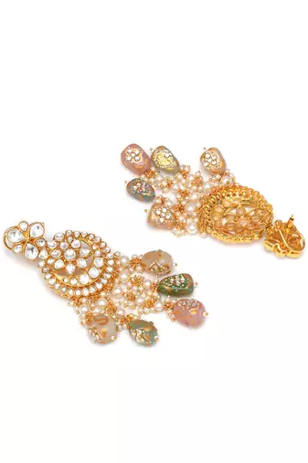 Gold long kundan necklace set with maang tikka