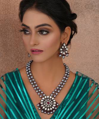 Silver long kundan necklace set 1