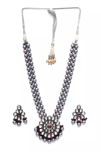 Silver long kundan necklace set