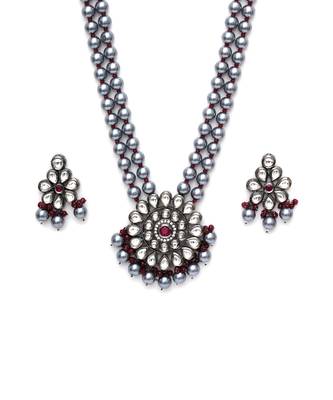 Silver long kundan necklace set 4