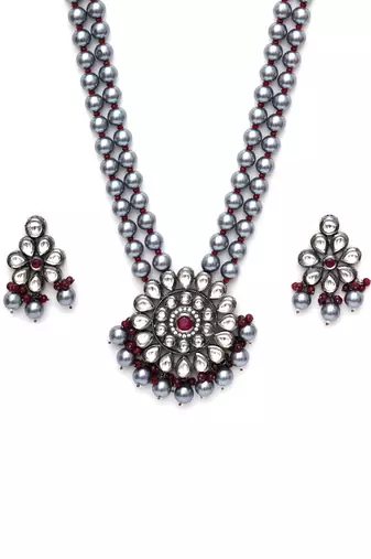 Silver long kundan necklace set