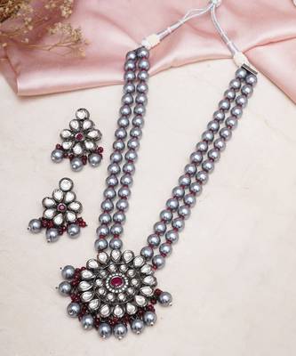 Silver long kundan necklace set 5