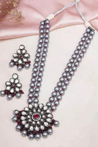 Silver long kundan necklace set