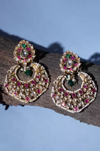 Gold kundan chand earrings