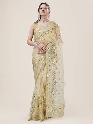 Yellow Net Saree With Silver Sequin Embroidery and Blouse 2