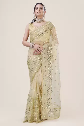 Yellow Net Saree With Silver Sequin Embroidery and Blouse