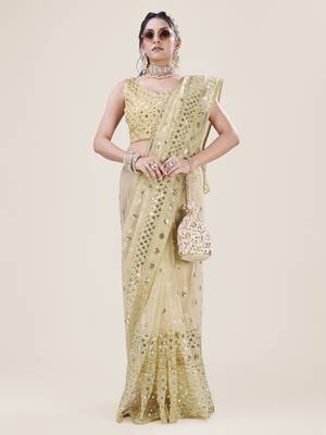 Yellow Net Saree With Silver Sequin Embroidery and Blouse 4