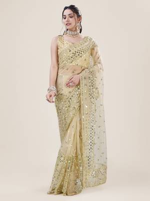 Yellow Net Saree With Silver Sequin Embroidery and Blouse 5