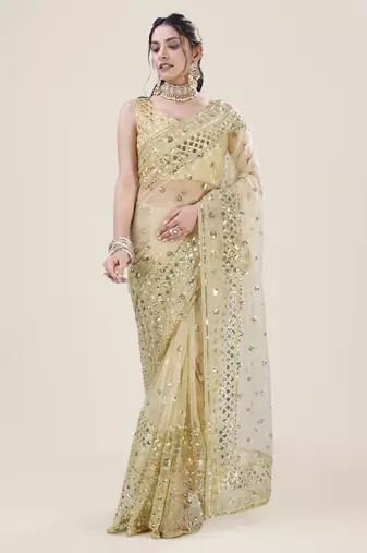 Yellow Net Saree With Silver Sequin Embroidery and Blouse