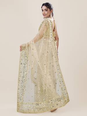 Yellow Net Saree With Silver Sequin Embroidery and Blouse 6