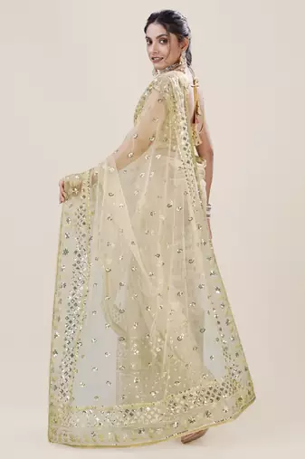 Yellow Net Saree With Silver Sequin Embroidery and Blouse