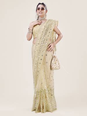 Yellow Net Saree With Silver Sequin Embroidery and Blouse 7