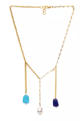 Gold long multi stone and gold chain neckpiece