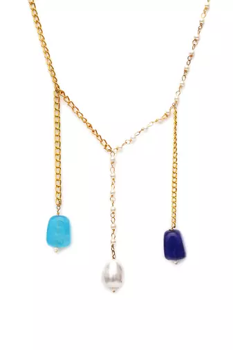 Gold long multi stone and gold chain neckpiece