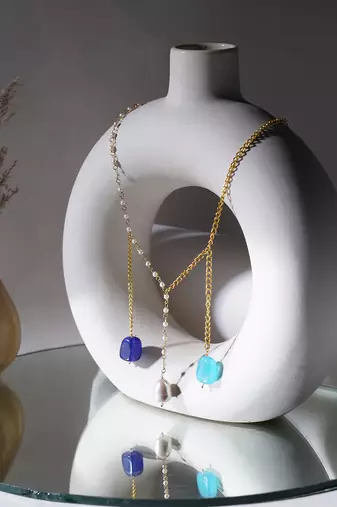 Gold long multi stone and gold chain neckpiece