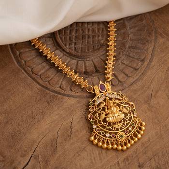  golden necklace with laxmi pendant and pink stones one gram gold 1