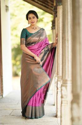  Pink Green Silk Blend Sarees With Blouse 1