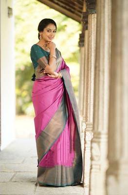  Pink Green Silk Blend Sarees With Blouse 3