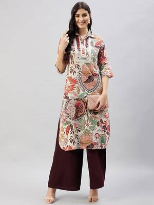 Winered women beige peacock print embroidered neck kurta 1
