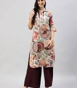 Winered women beige peacock print embroidered neck kurta