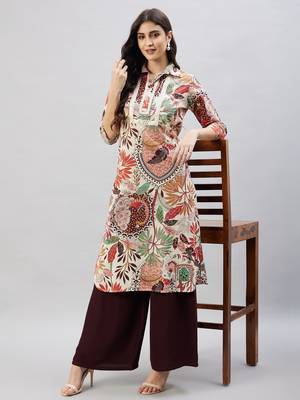 Winered women beige peacock print embroidered neck kurta 2
