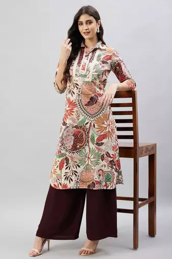 Winered women beige peacock print embroidered neck kurta