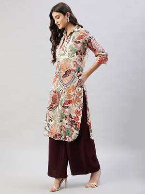 Winered women beige peacock print embroidered neck kurta 3