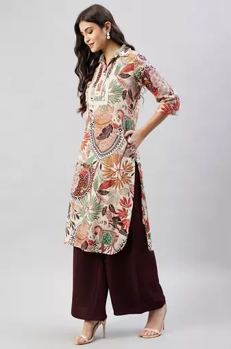 Winered women beige peacock print embroidered neck kurta