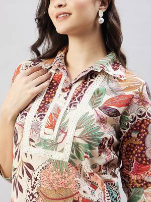 Winered women beige peacock print embroidered neck kurta 4