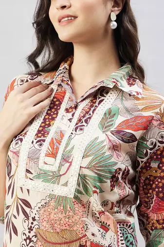 Winered women beige peacock print embroidered neck kurta