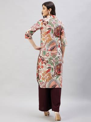 Winered women beige peacock print embroidered neck kurta 5