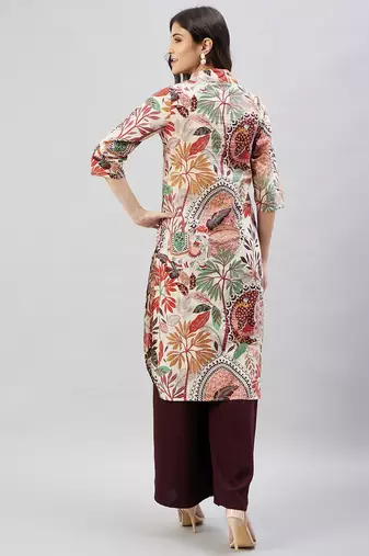 Winered women beige peacock print embroidered neck kurta