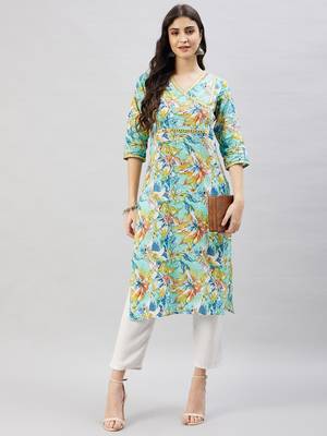 Winered women light blue printed w/d neck embroidered kurta 1