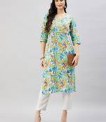 Winered women light blue printed w/d neck embroidered kurta