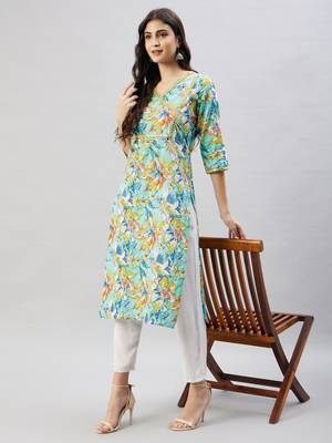 Winered women light blue printed w/d neck embroidered kurta 2