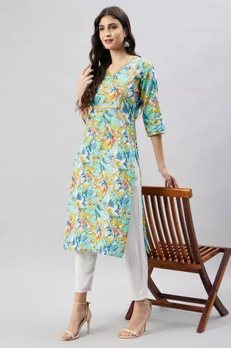 Winered women light blue printed w/d neck embroidered kurta