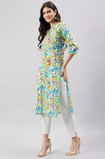 Winered women light blue printed w/d neck embroidered kurta