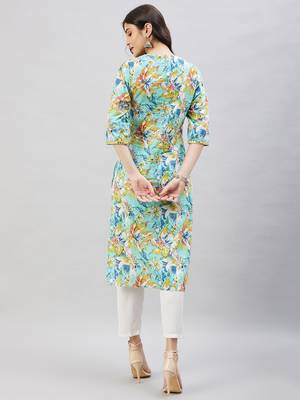 Winered women light blue printed w/d neck embroidered kurta 5